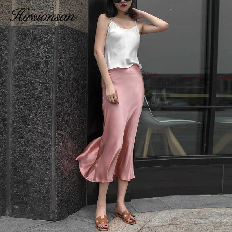 Hirsionsan Satin High Waist Skirt Soft Smooth Silk Office Lady Basic Midi Chic Elegant Glossy Long 210621