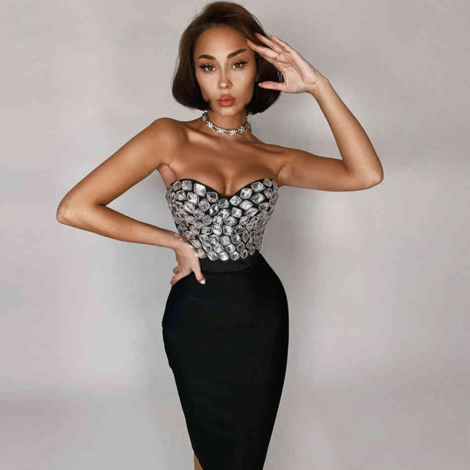 Summer Women Black Strapless Bandage 2 Two Pieces Sets Sleeveless Crystal Tops& Skirts Celebrity Runway Party Set 210423