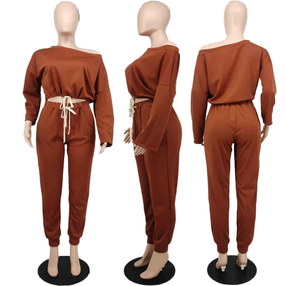 Designers Women Clothes 2023 solid rib off shoulder strap loose casual pants two piece set