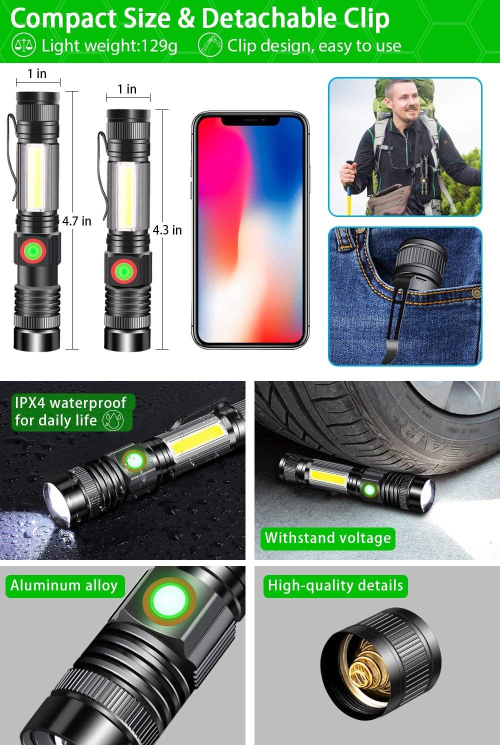 8000LM USB Rechargeable Flashlight Super Bright Magnetic LED Torch with Cob Sidelight a pocket clip Zoomable for Camping 210322