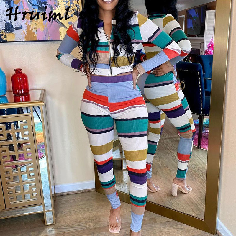 2 Piece Sets Womens Outfits Striped Colorful Casual Fashion Arrival Tracksuit Women Zipper Elastic Waist Conjuntos De Mujer 210513