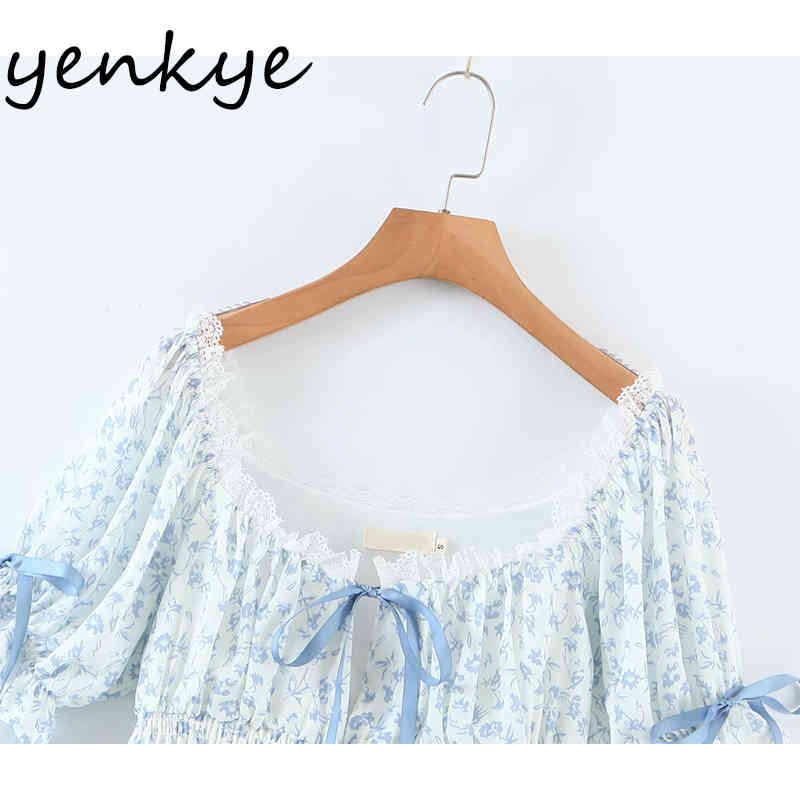 Sweet Summer Dress Women Lace Patchwork Floral Print Female Sexy Square Neck Short Sleeve Elastic Waist Mini Robe 210430