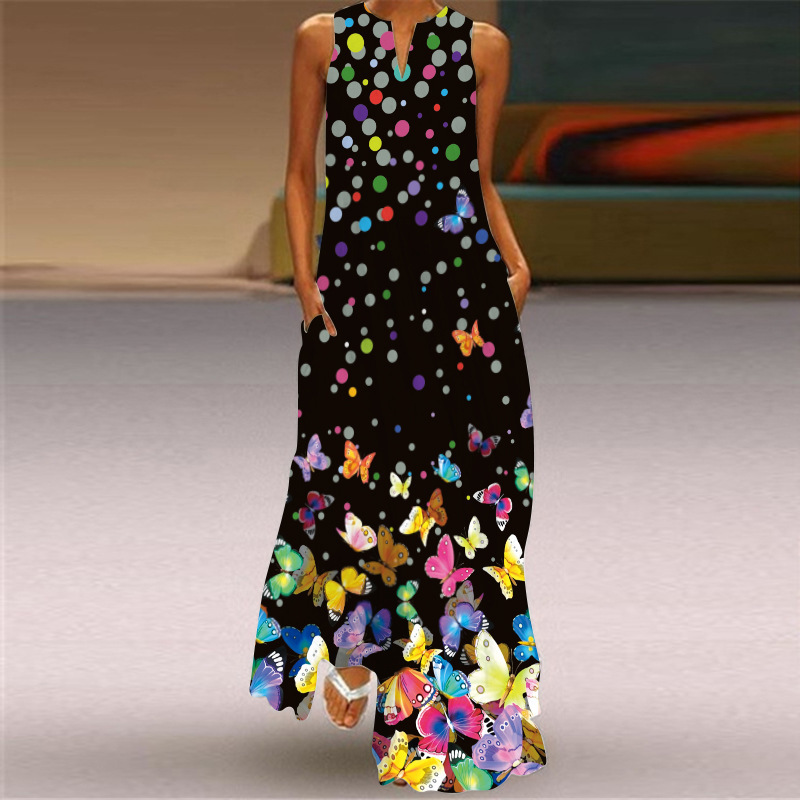 Women Maxi Dress Summer Beach 3D Flower Butterfly Printed Sleeveless Elegant V Neck Casual Plus Size Vestidos es 210522
