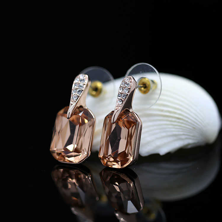 MOONROCY Rose Gold Color Crystal Earring Champagne Square Brown Jewelry for Women Gift Drop Wholesale 211009
