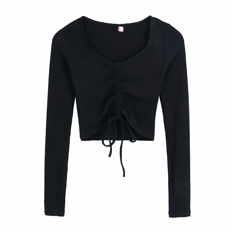 Sweet Women Sexy Solid Shirts Fashion Ladies Knitted Short Tops Elegant Female Chic Draped Drawsting Bow Blouses 210430