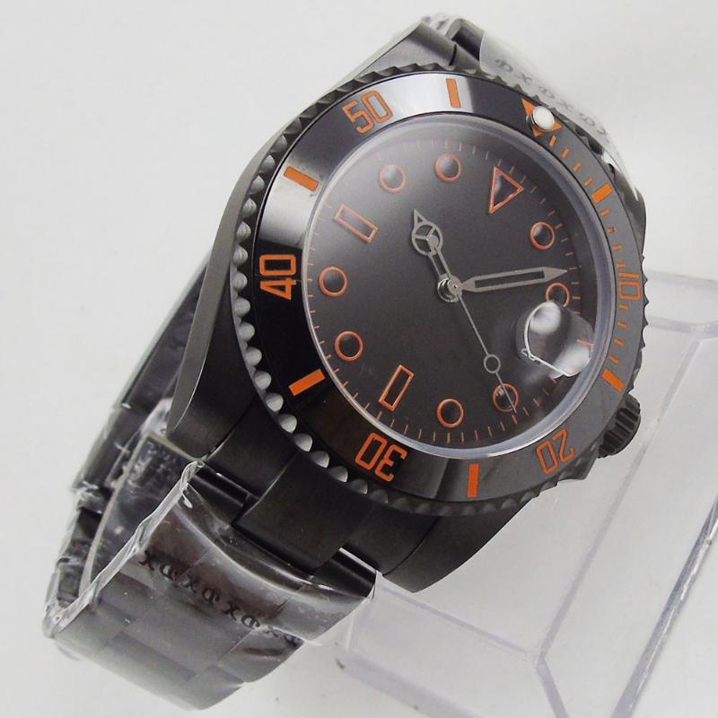 Wristwatches 40mm Black Sterile Dial Automatic Mechanical Sapphire Glass Miyota PVD Coated Bracelet Strap Date Orange Self Winding Mens Watc, Solid case back
Wristwatches 40mm Black Sterile Dial Automatic Mechanical Sapphire Glass Miyota PVD Coated Bracelet Strap Date Orange Self Winding Mens Watc, Solid case back