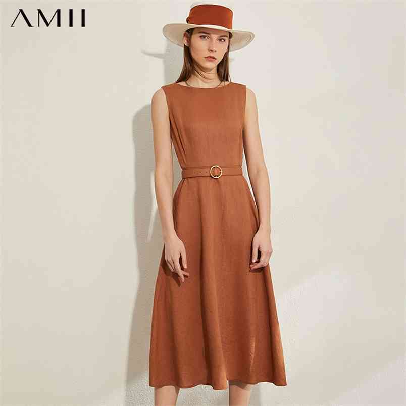 Minimalism Spring Summer Vintage Solid Sleeveless Women Dress Causal Lady High Waist Oneck Belt Female 12030124 210527