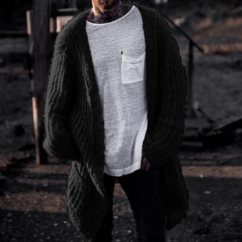 Pockets Men Autumn Winter Knitted Sweater Coat Long Cardigan Open Stitch Jacket Oversized Tricot Ribbed Men's Sweaters