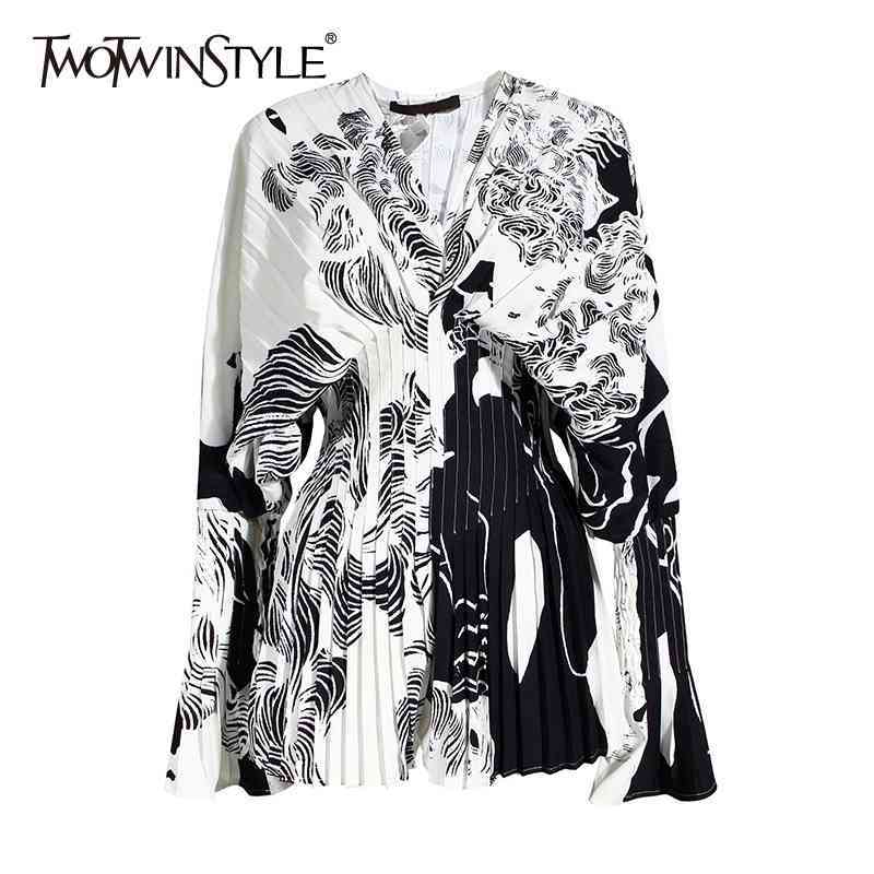 

Vintage Printed Shirt For Women V Neck Flare Sleeve High Waist Hit Color Elegant Blouse Female Fashion 210524, Print