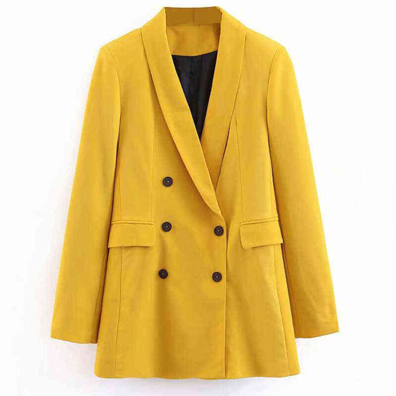 Women Elegant Yellow Blazers and Jackets Pockets Double Breasted Outerwear Office Lady Work Wear Chic Tops Suits Coat 211122