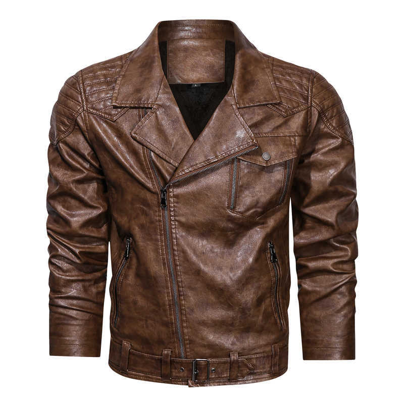 Winter Men Leather Jackets Zipper Solid Color Coat Warm Fleece Biker Motorcycle Male PU Leather Jacket Multi-pocket 211018