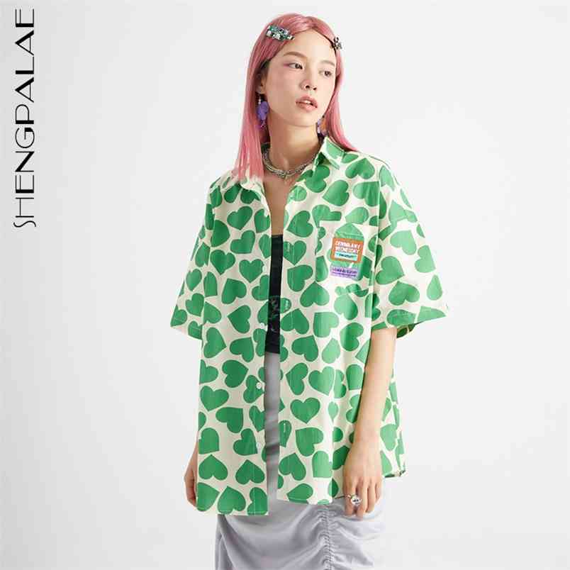 Full Screen Love Blouse Women's Summer Laple Large Size Single Breasted Short Sleeve Shirt Female Tide 5E113 210427