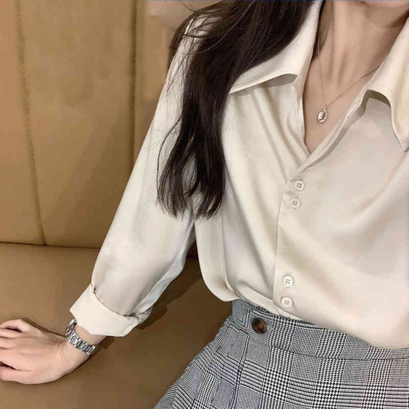 French Style Fashion Vintage Blouse Silky Satin Shirts Long Sleeve Shirt Women Solid 4 Colors Turn-down Collar Ladies Tops 11045 210506