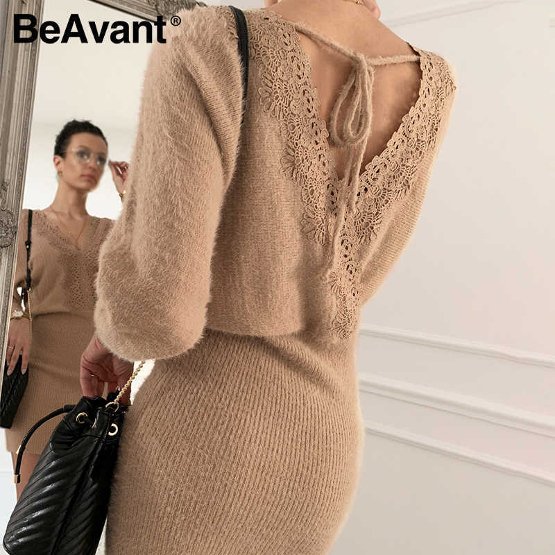 BeAvant Sexy khaki knitted backless women dress V-neck lace up bodycon short dress Office street autumn winter dress 210709