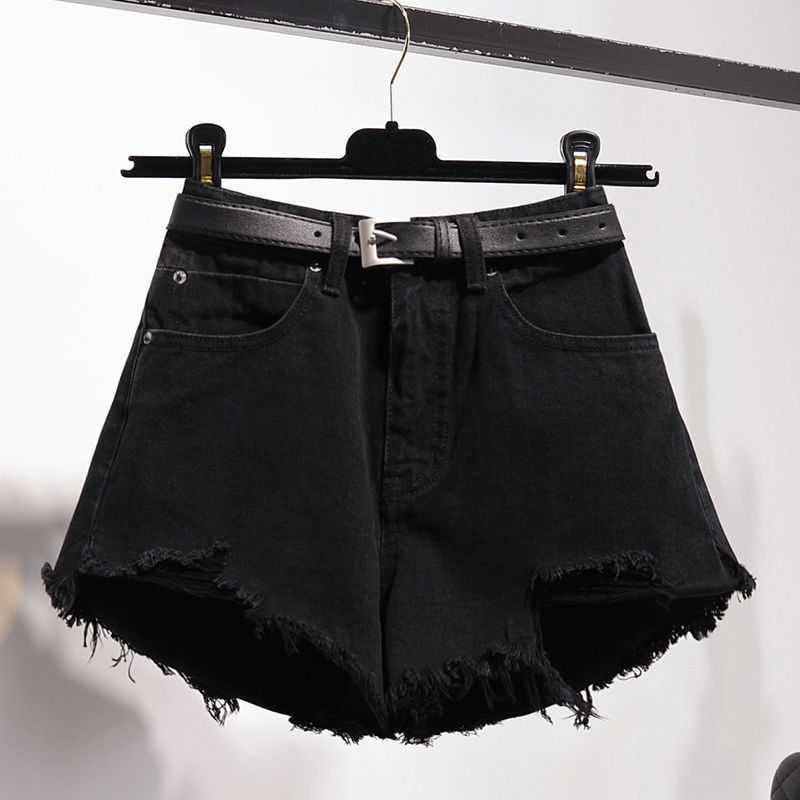 Summer Women Hole Denim Black Shorts High Waist With Belt Casual Female Solid Color Frayed Blue Jeans 210714