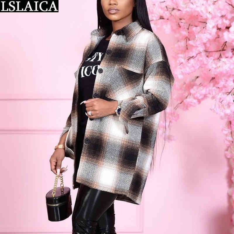 Long Plaid Jackets Fashion Commute Elegant Jaket for Women Sale Casual Sleeve Turn-down Collar Chaquetas De Mujer 210515