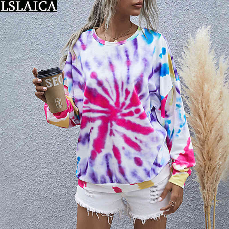 Shirts for Women Fashion Tie Dye Print Long Sleeve O Neck Ladies Tshirt Oversize Autumn Female Tops Casual Streetwear 210520