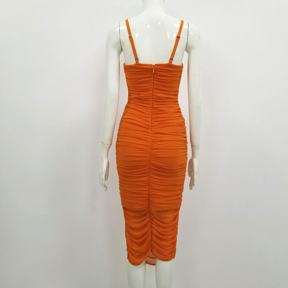Free Sexy Women's Mesh Patchwork Bandage Dress Spaghetti Strap Sleeveless Orange Bodycon Midi Club Party Vestidos 210524