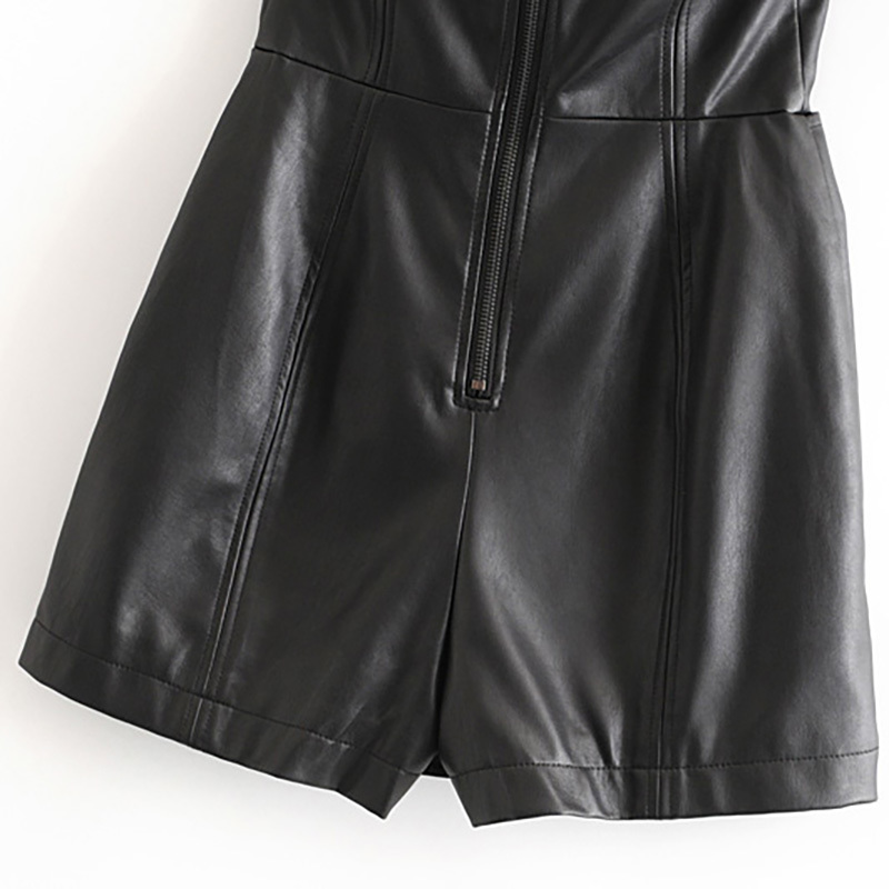 Sexy Backless Black Pu Leather Jumpsuit Women Buttons Solid Skinny Party Playsuit Lady Sleeveless Zipper Stylish Club Bodysuit 210515