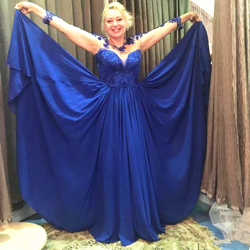 Royal Blue Long Mother Of The Bride Dresses A-Line Illusion Full Sleeve Appliques Lace Simple Chiffon Groom Mother's Wedding Guest Dress Plus Siz