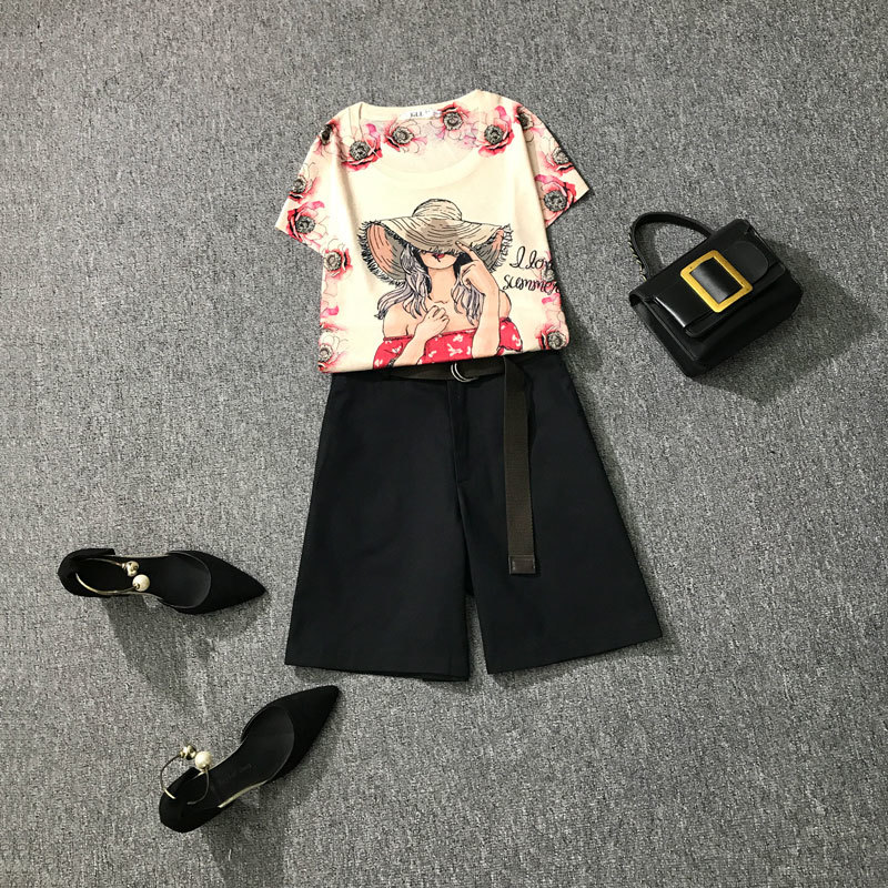 Women Summer Casual 2 piece set Vintage Print Ladies Short Sleeve Slim T-Shirt + Fashion Shorts Pants Suits Female 210506