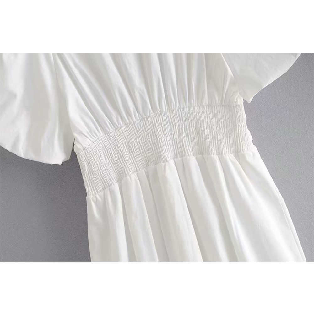 Summer Women Dress V-neck Puff Sleeves Elastic Waist elegant Casual Fashion Chic Lady Woman Pleated Short Dress 210709