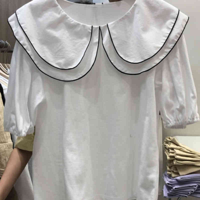 Nomikuma Contrast Color Double Peter Pan Collar Doll Shirt Causal Puff Sleeve Korean Women Tops Summer Sweet Blouse 6H022 210427