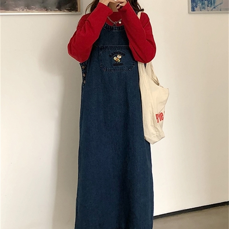 korean style autumn women loose straps denim dess female vintage embroidery long jeans tank dress womens (72808 210423