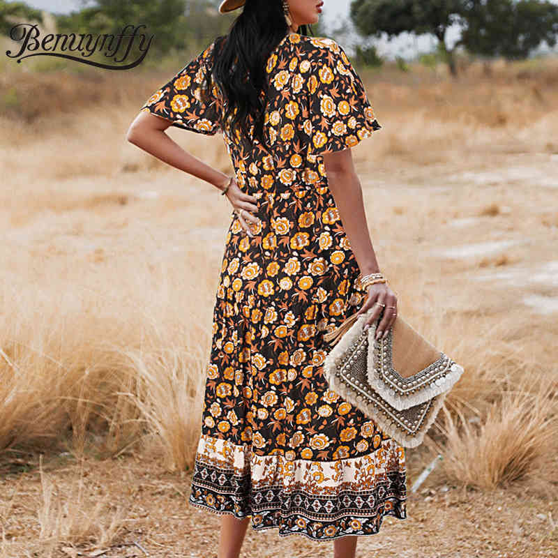 V-neck Floral Print Button Women Bohemian Dresses Vacation Casual Summer Short Sleeve Split Swing Long Dress 210510