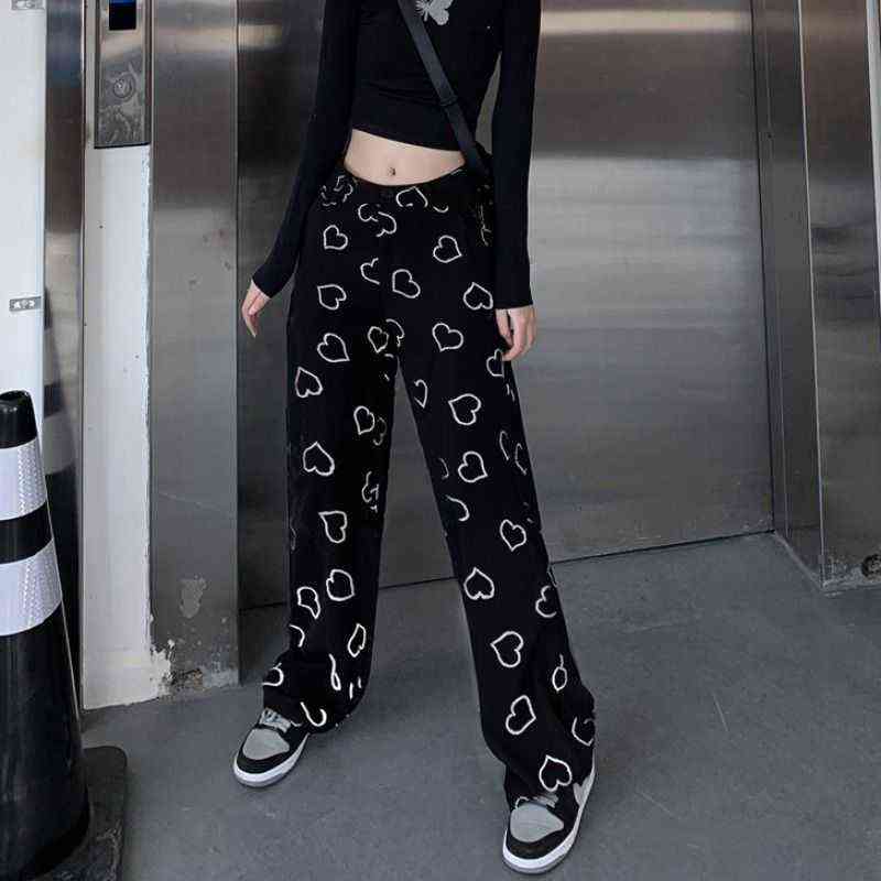 MINGLIUSILI Hip Hop Wide Leg Pant Vintage Korean Style Trousers Women Fashion Spring Harajuku Heart Print Pants 211124