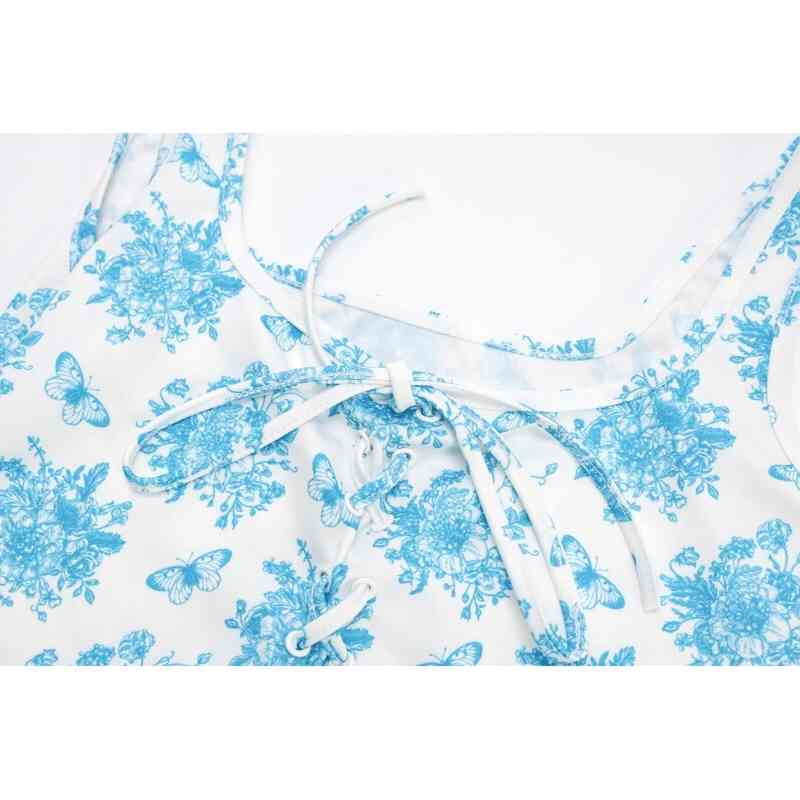 Harajuku Floral Print Camis Women Summer Cross Lace-up Bandage Tank Tops Retro Cool Girl Sexy Slim Crop Top Tees 210429