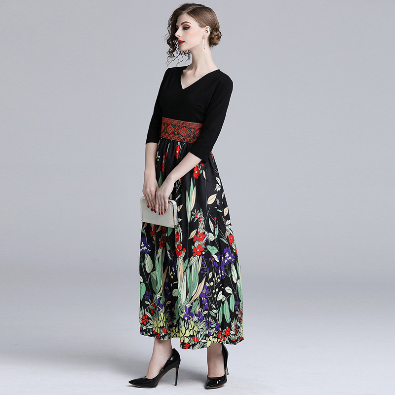 VKBN Spring and Summer Women Dress Up Printing Three Quarter Knee-Length V-Neck Empire Dresses Long 210507