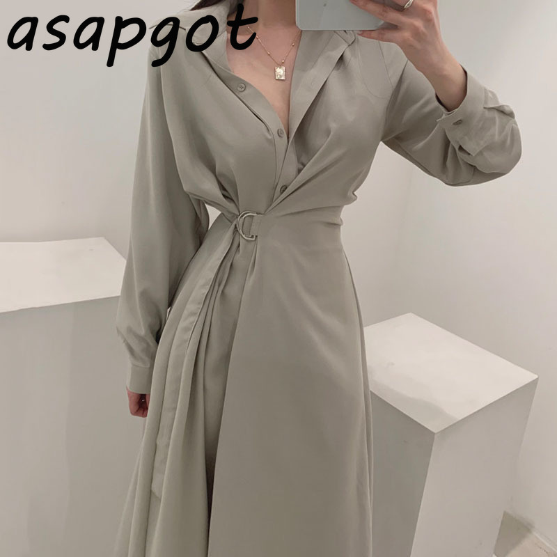 Temperament Elegant Chic Turn Down Collar Lace Up Waist Long Sleeve Shirts Dress Women Plus Size One Pieces Vestidos De Mujer 210429