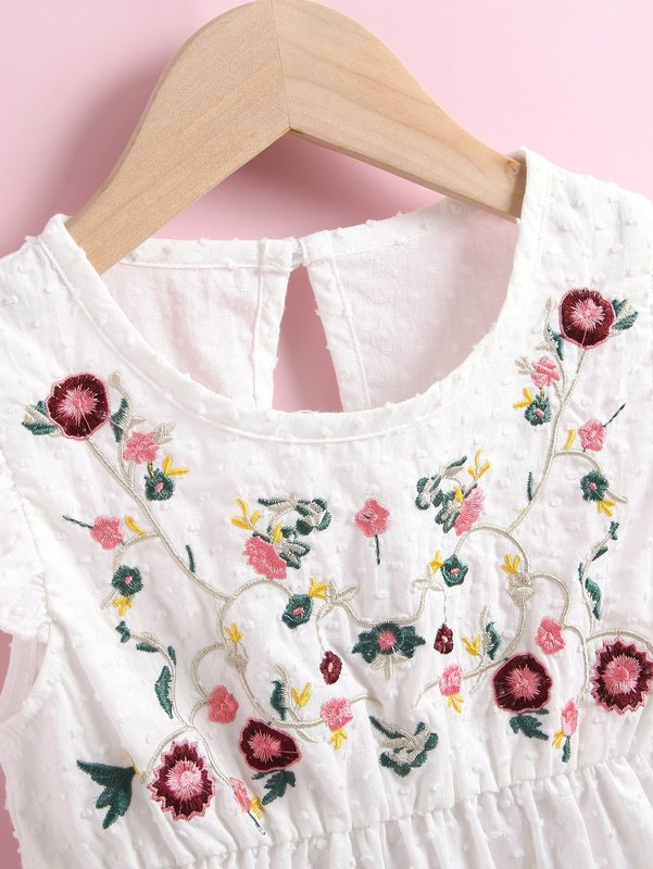 Toddler Girls Swiss Dot Floral Embroidery Ruffle A-line Dress SHE R250424