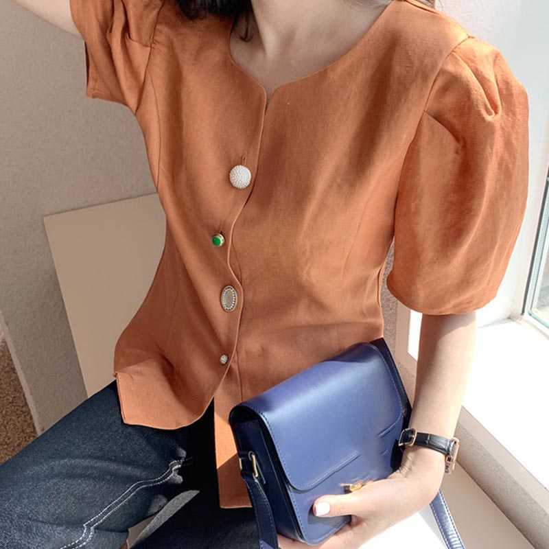 Korejpaa Women Shirt Summer Korean Chic Ladies Elegant Temperamen V-Neck Single-Breasted Solid Color Puff Sleeve Blouses 210526