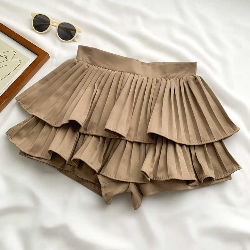 Woman Shorts Korean Pleated Double Ruffle Bottoms Causal High Wiast Sweet Sexy Short Feminimos 6G188 210603