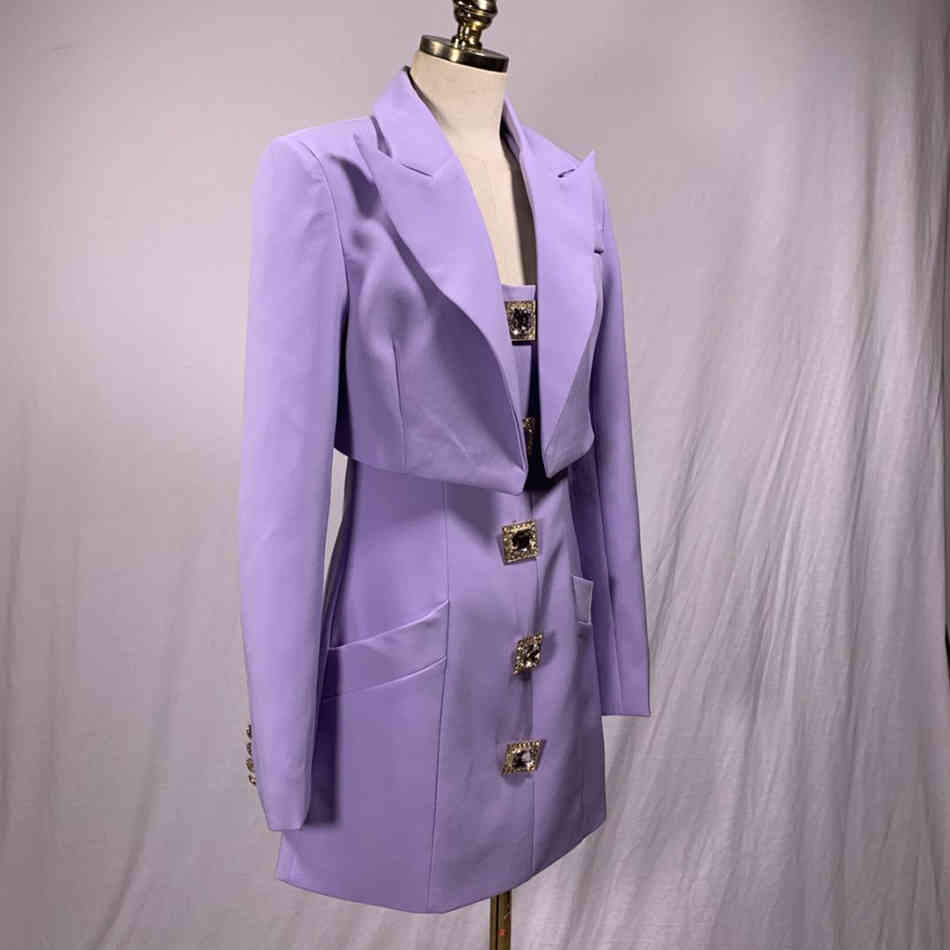 Elegant Two Piece Set For Women Lapel Long Sleeve Short Tops Square Collar Patchwork Diamond Vest Dress Casual Sets 210525