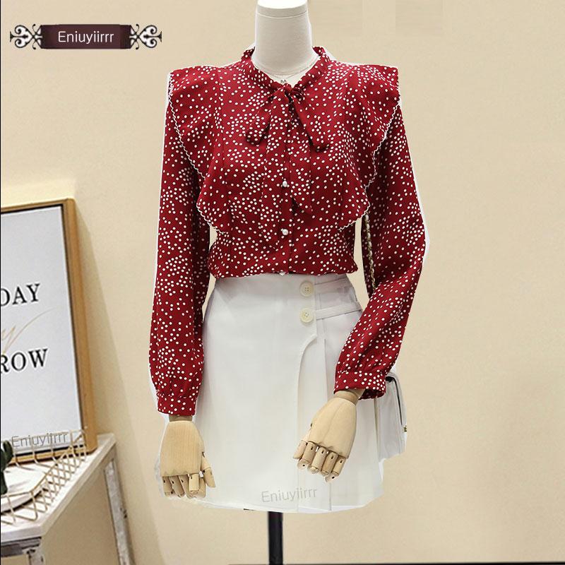 Women' Blouses & Shirts 2021 Spring Design Bow Tie Tops Cute Sweet Elegant Lady Polka Dot Ruffled Button Basic Red E118