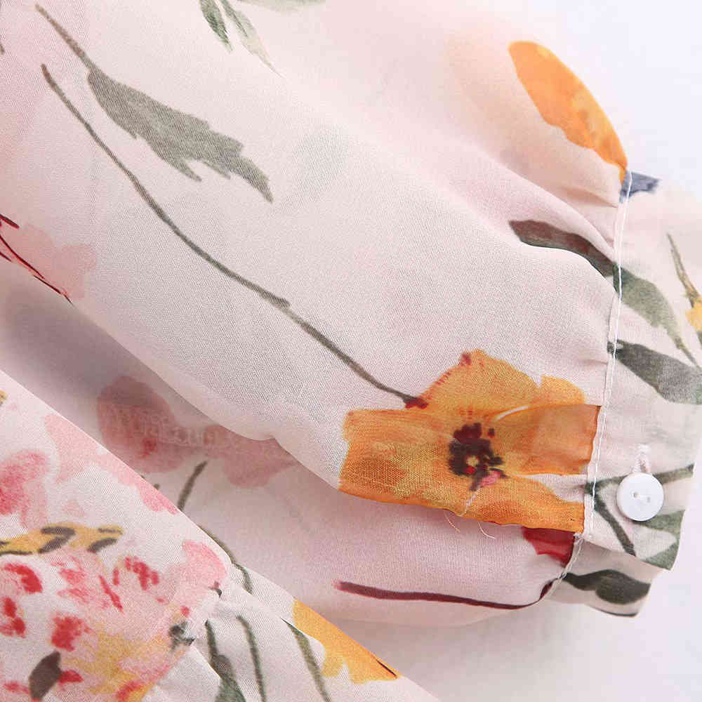 Women Fashion Floral Print Chiffon Midi Shirt Dress Two Pieces Sets See Through Female Dresses Vestidos Mujer 210420