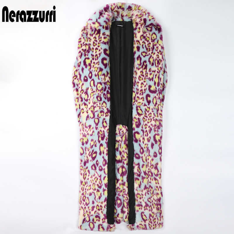 Nerazzurri Winter Leopard Long Colorful Soft Warm Thick Fluffy Furry Faux Fur Trench Coat for Women Runway European Fashion 210910