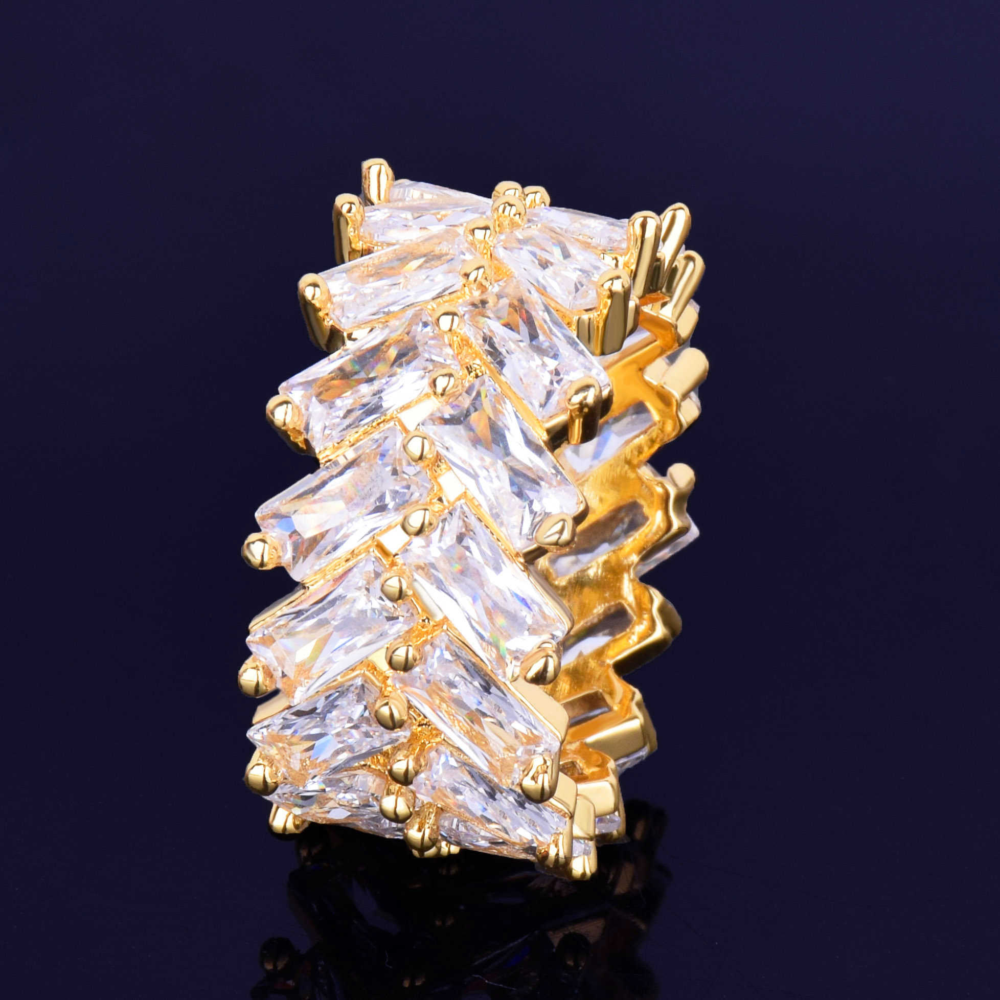2 Row Baguette Zircon Men's Ring Copper Charms Gold Color Iced RING Fashion Hip Hop Rock Jewelry 210701