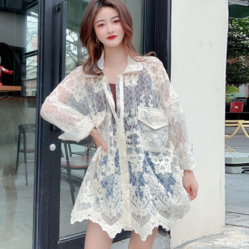 Summer Sweet Lace Hollow Out Embroidery Sun Protection Lapel Coat Women Zipper Casual Loose Vacation Top Femme 210518