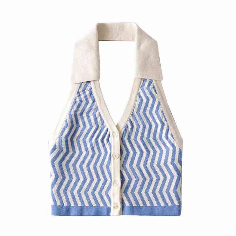 Nomikuma Knitted Short Tank Tops Korean Hit Color Striped Vest Summer Single Breasted Tops Halter Backless Slim Tanks 6G623 210427