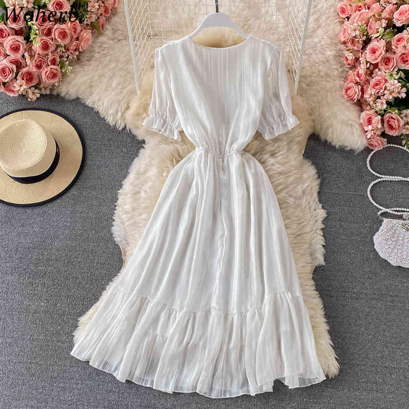 Lace Beading Midi Dress Women Vintage V Neck Short Sleeve High Waist A-Line Vestidos Summer Robe Sweet Dresses 210519