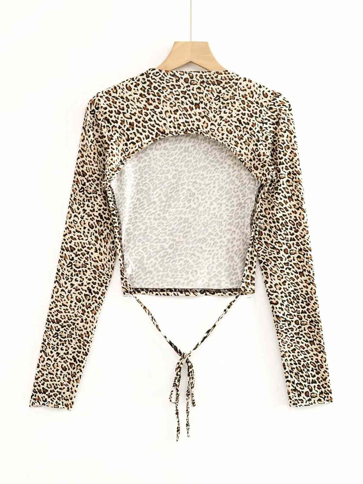 Women T Shirt Hollow Out Bandage Leopard Long Sleeve Vintage Cotton Serpentin -shirts Sexy ops 210524