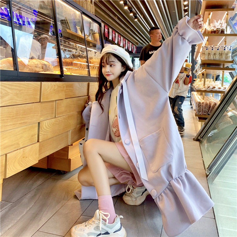 Warm Wool Coat Vinter Sweet Bow Patchwork Trench Long Female Casual Button Japanese Kawaii Thick s 210510
