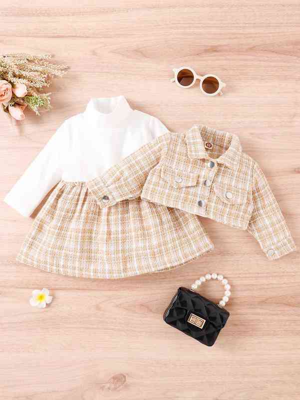 Baby Mock Neck Plaid Tweed Dress & Flap Detail Jacket SHE