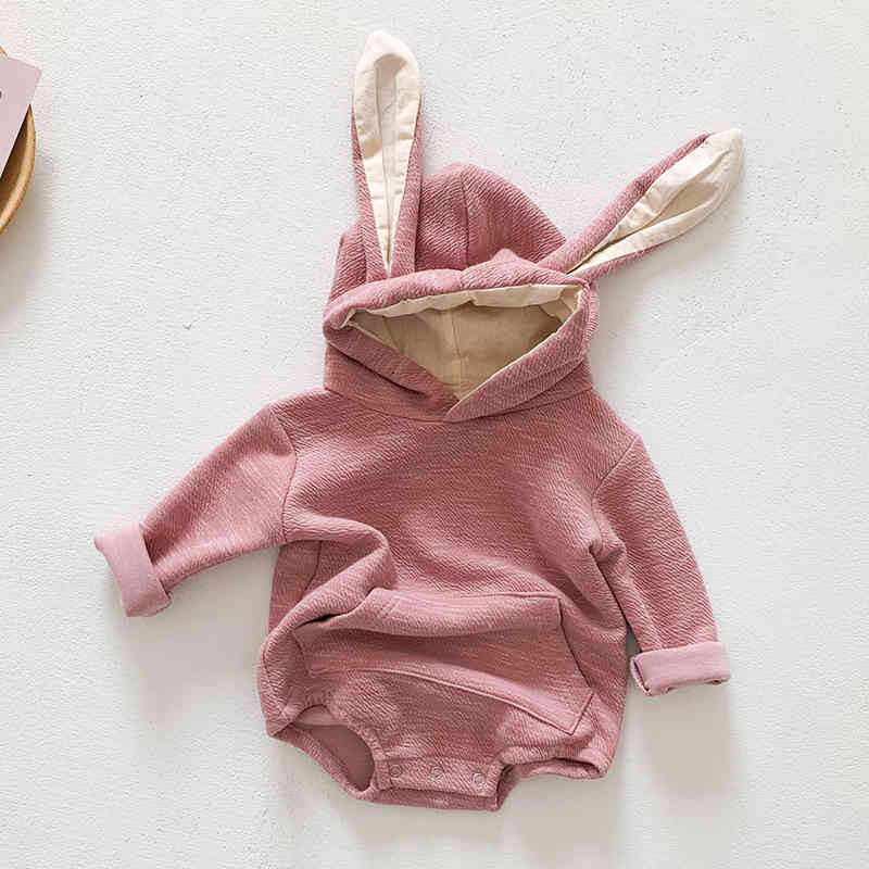 Spring Baby Boys Girl Rabbit Rompers Long Sleeves Hooded Autumn Boy born Clothes 210429