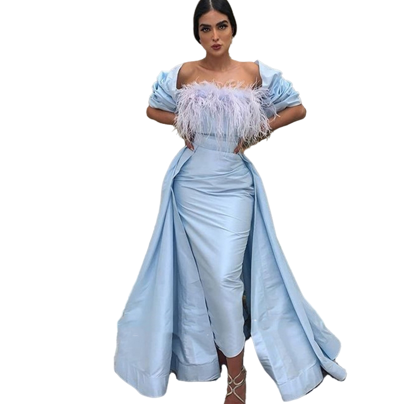 Elegant Light Sky Blue Tea-Length Sheath Formal Evening Dresses With Detachable Skirts Feather Satin Prom Pageant Dress Off Shoulder Women Special Occ