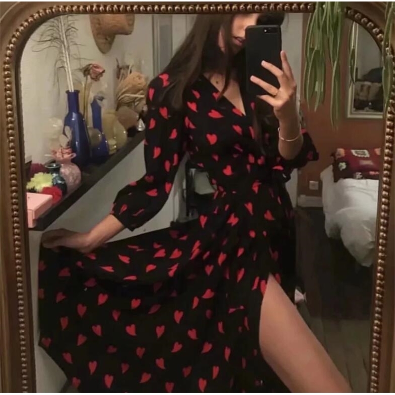 French Cross V neck Red Heart Print Wrap Dress Black Vintage Lacing up Waist Split Slim Women 3/4 sleeve Long Tea Dresses 210429